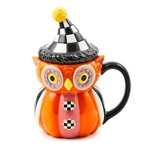 Mackenzie Childs Trick or Treat Owl Lidded Mug New